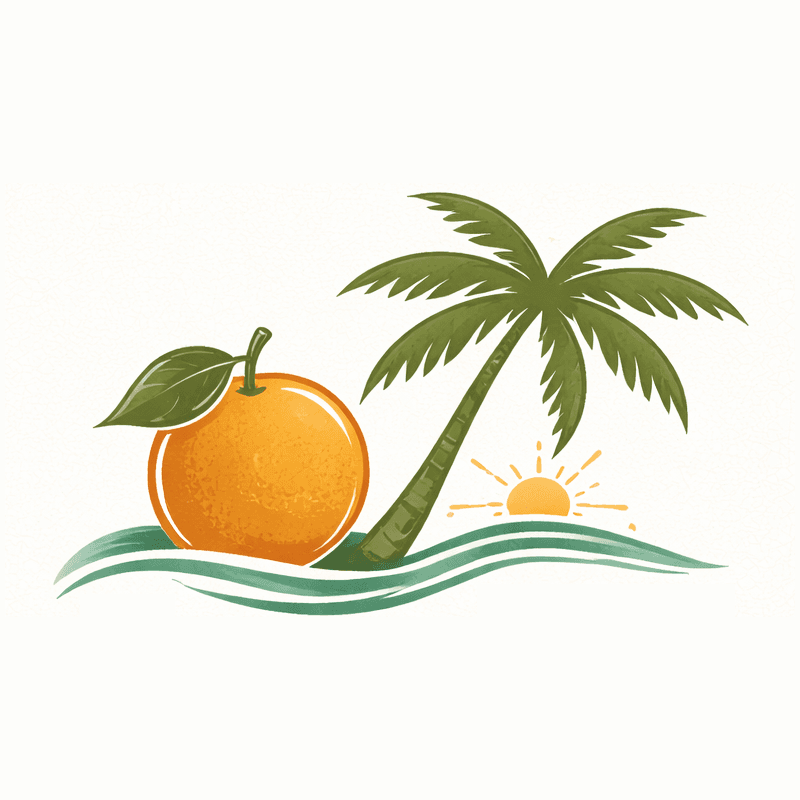 Orange Palm Gallery orange, palm tree, waves, and sun mark