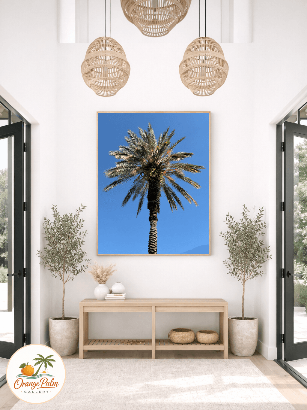 Framed St Petersburg palm tree print in a bright coastal entryway