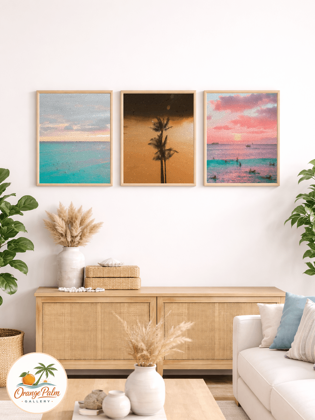 Three framed Sunset Coast mosaic prints above a woven console