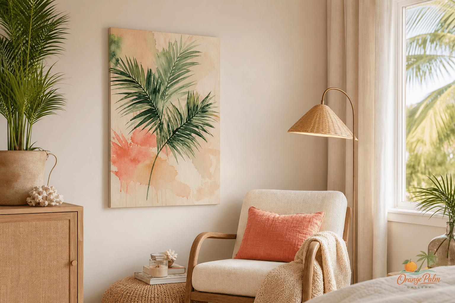 Warm coastal reading corner with one Florida-inspired wall art piece above a lounge chair