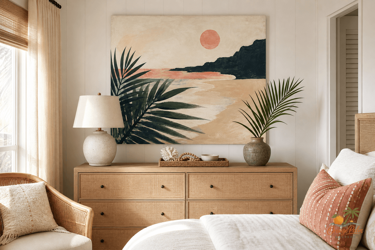 Warm modern guest room with calm Florida-inspired wall art above a dresser