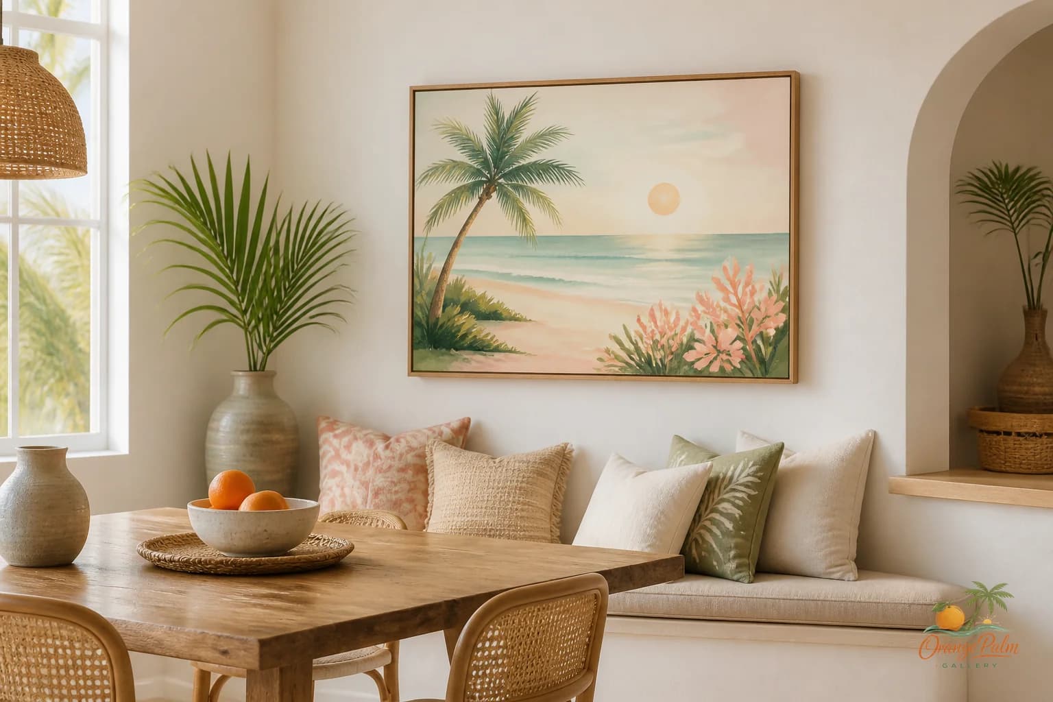 Warm coastal breakfast nook with one calm 2D wall art piece above a built in bench