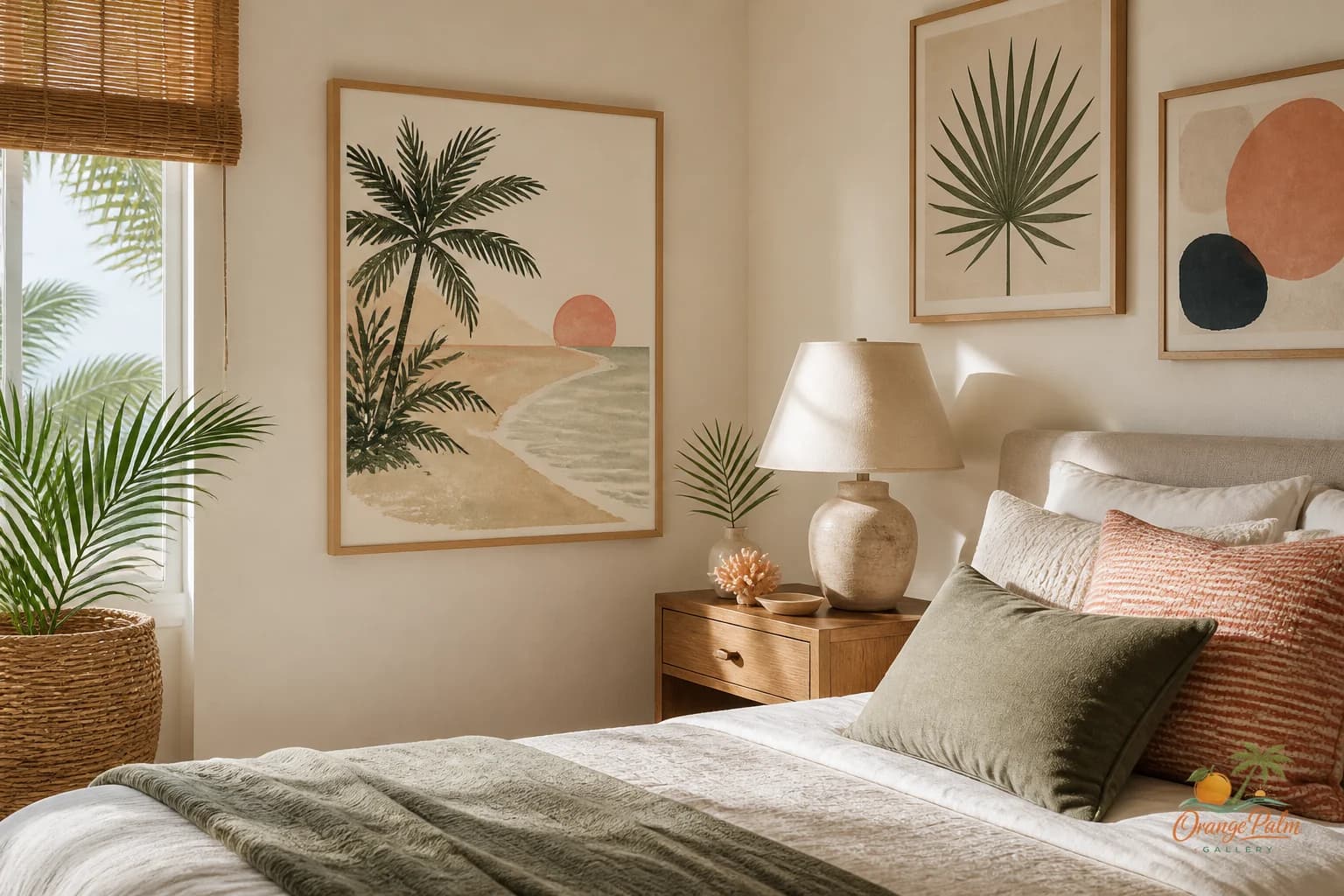 Warm coastal bedroom corner with calm wall art near a nightstand
