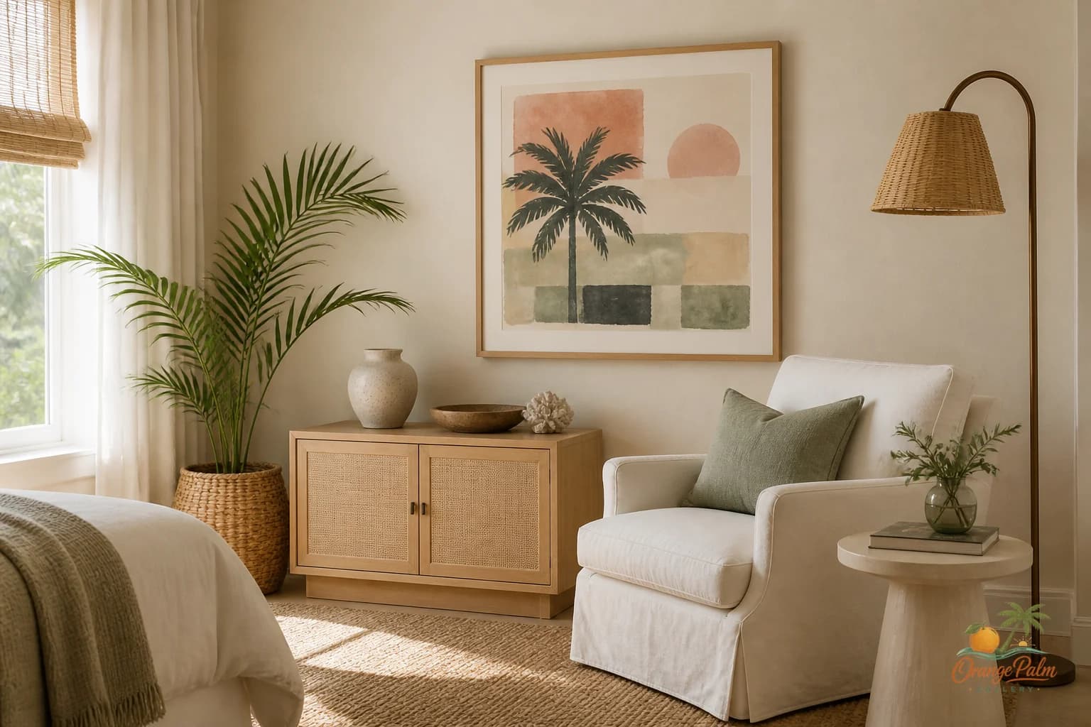 Calm Florida inspired reading corner with simple wall art above a chair