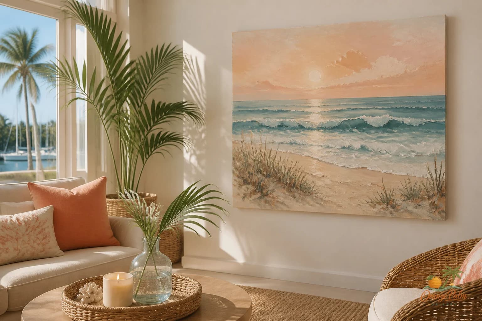 Bright Florida sunroom with calm coastal wall art, plants, woven chair, warm white walls, and soft palm green accents