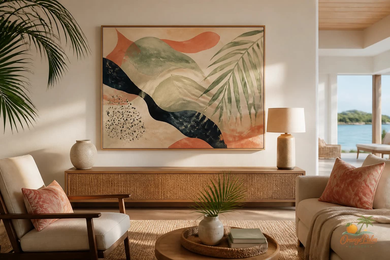 Warm modern living room console with one large coastal inspired artwork above it