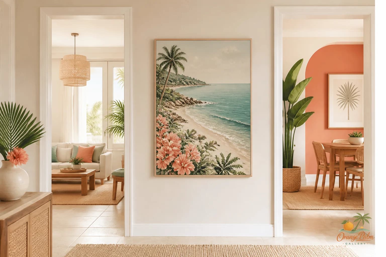 Narrow warm hallway with one simple coastal wall art piece between two doorways