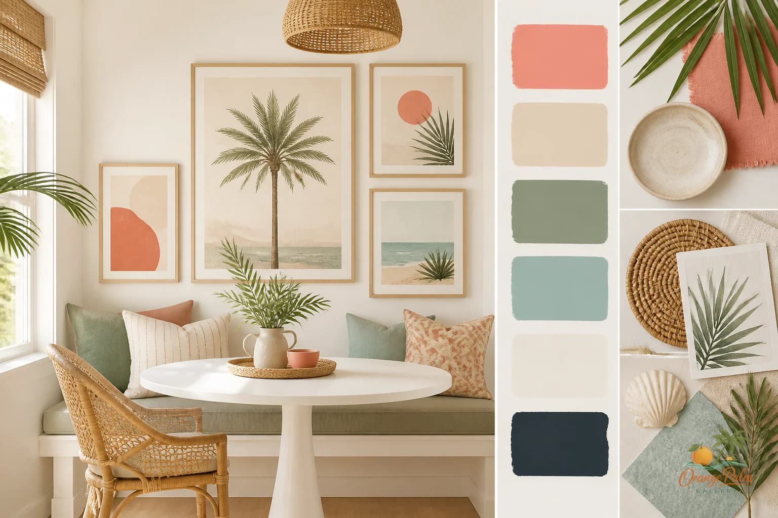 Warm breakfast nook with simple coastal wall art above a small table
